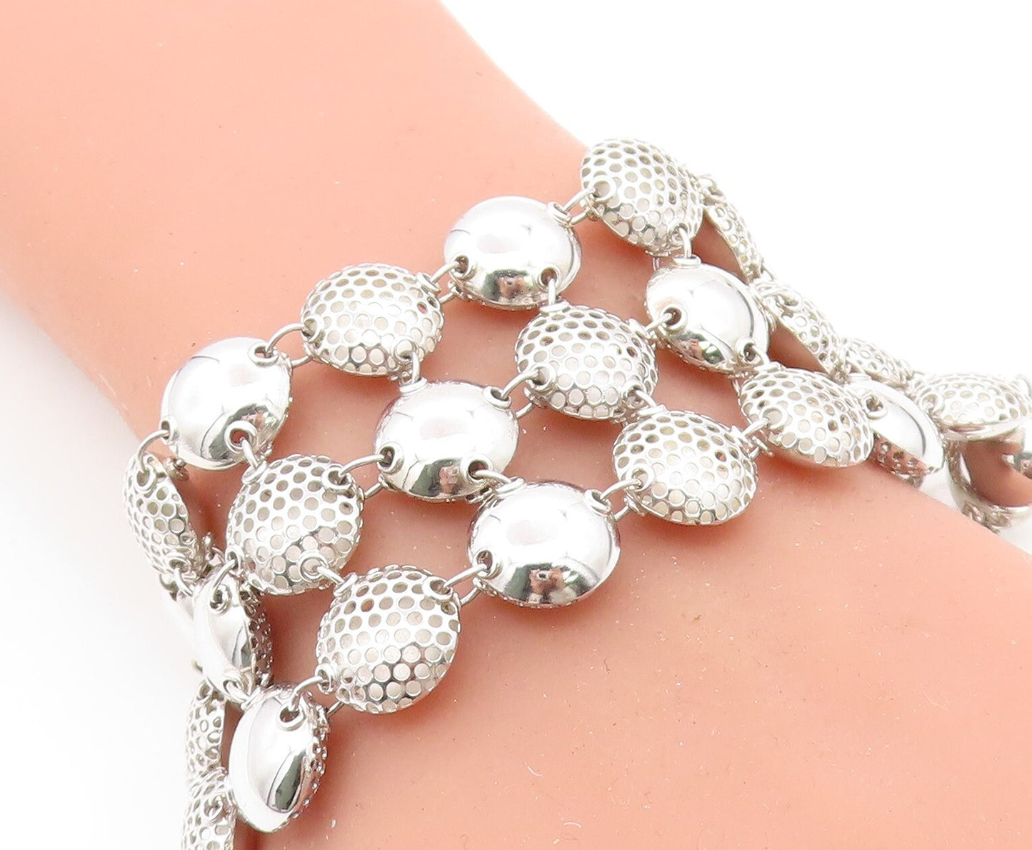 925 Sterling Silver Hollow Cutout Detail Round Link Chain Bracelet BT3185