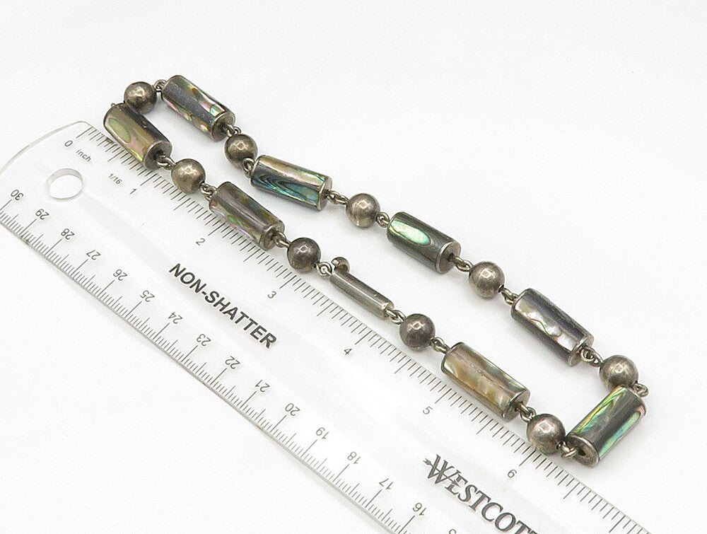 925 Sterling Silver Vintage Bead & Abalone Cylinder Chain Necklace NE3829