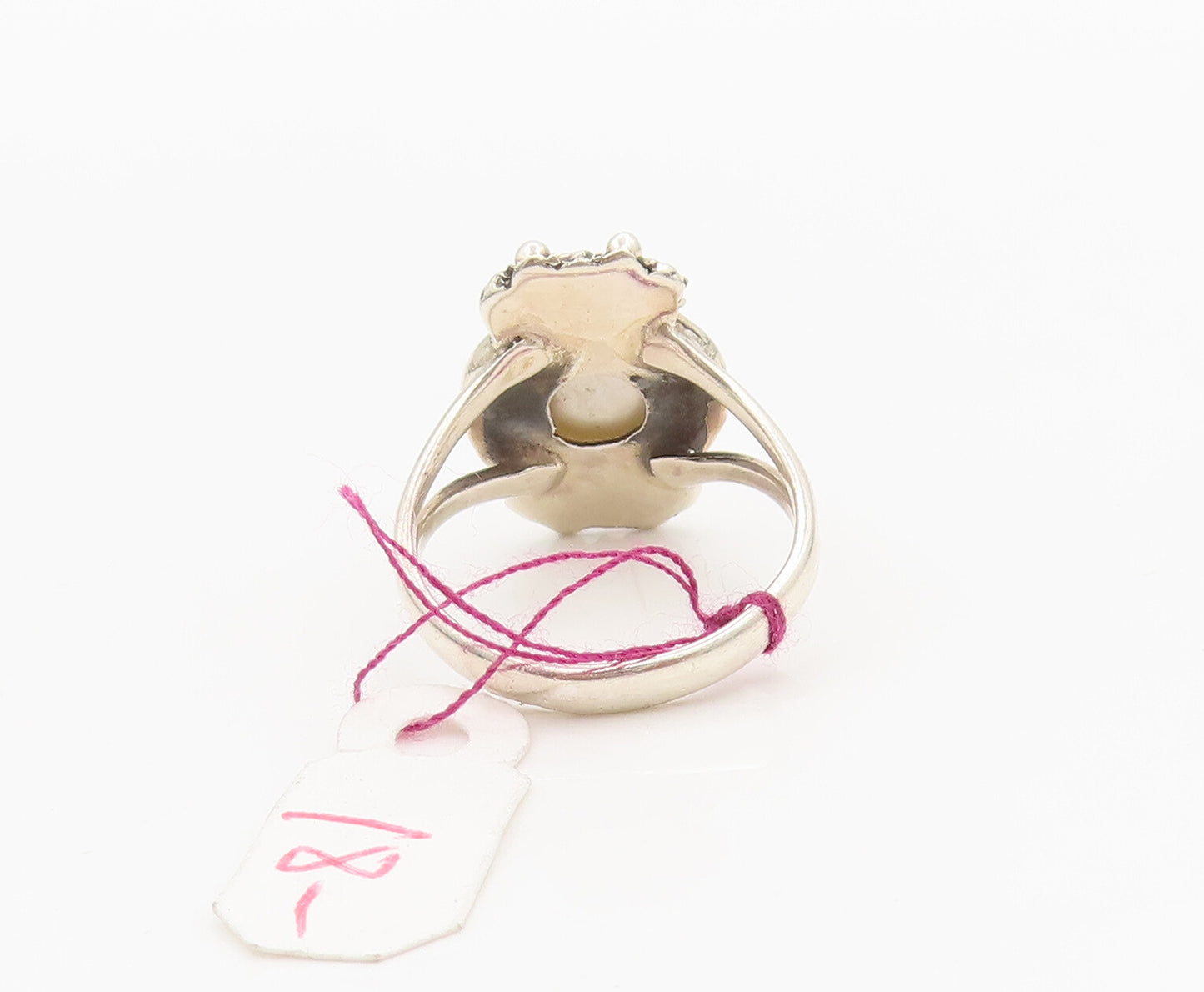 925 Sterling Silver Vintage Pearl Halo Beaded Swirly Carved Ring Sz 6 RG26982