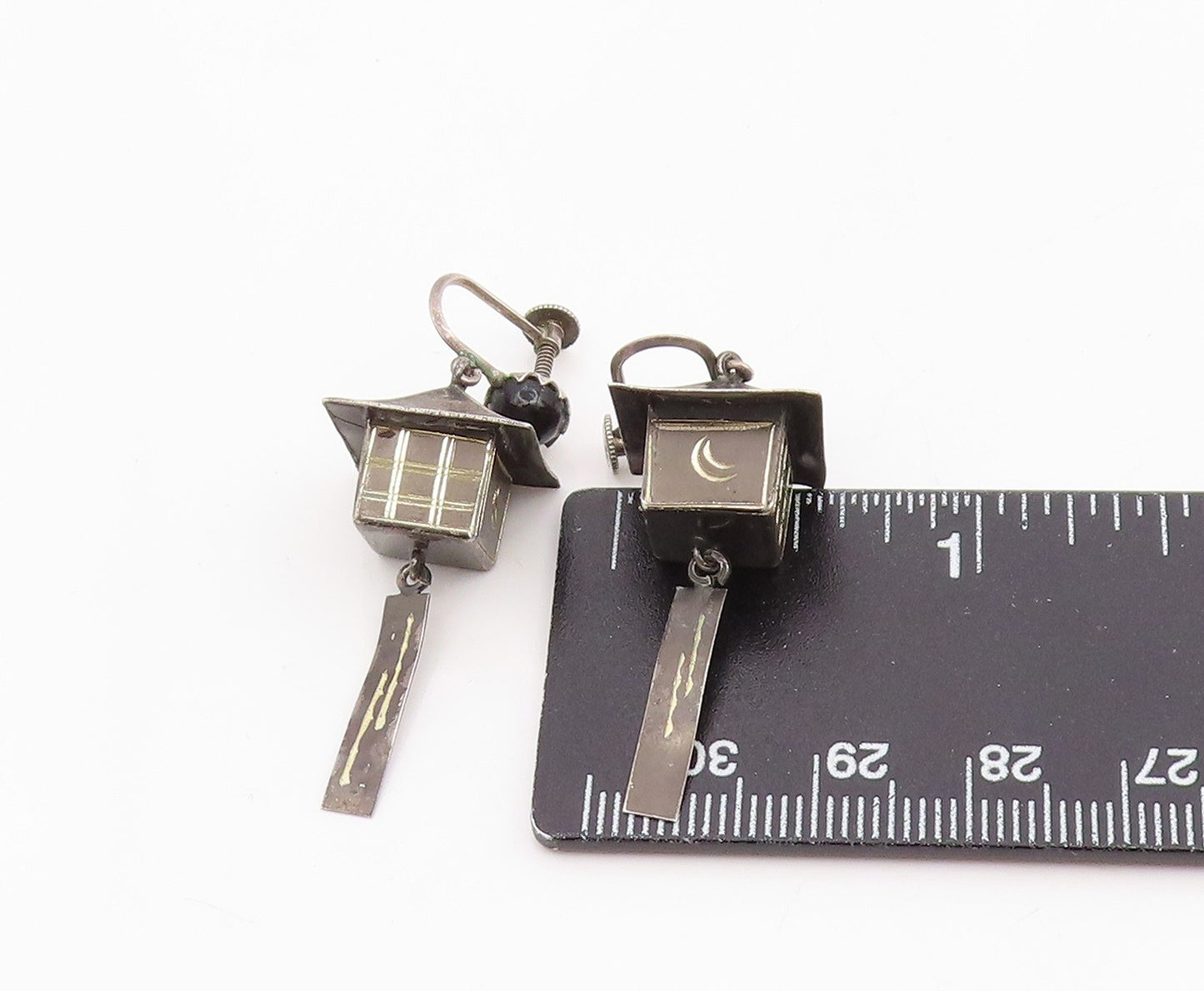 925 Sterling Silver Vintage Earrings JAPAN Onyx Temple Lantern Charm EG14116