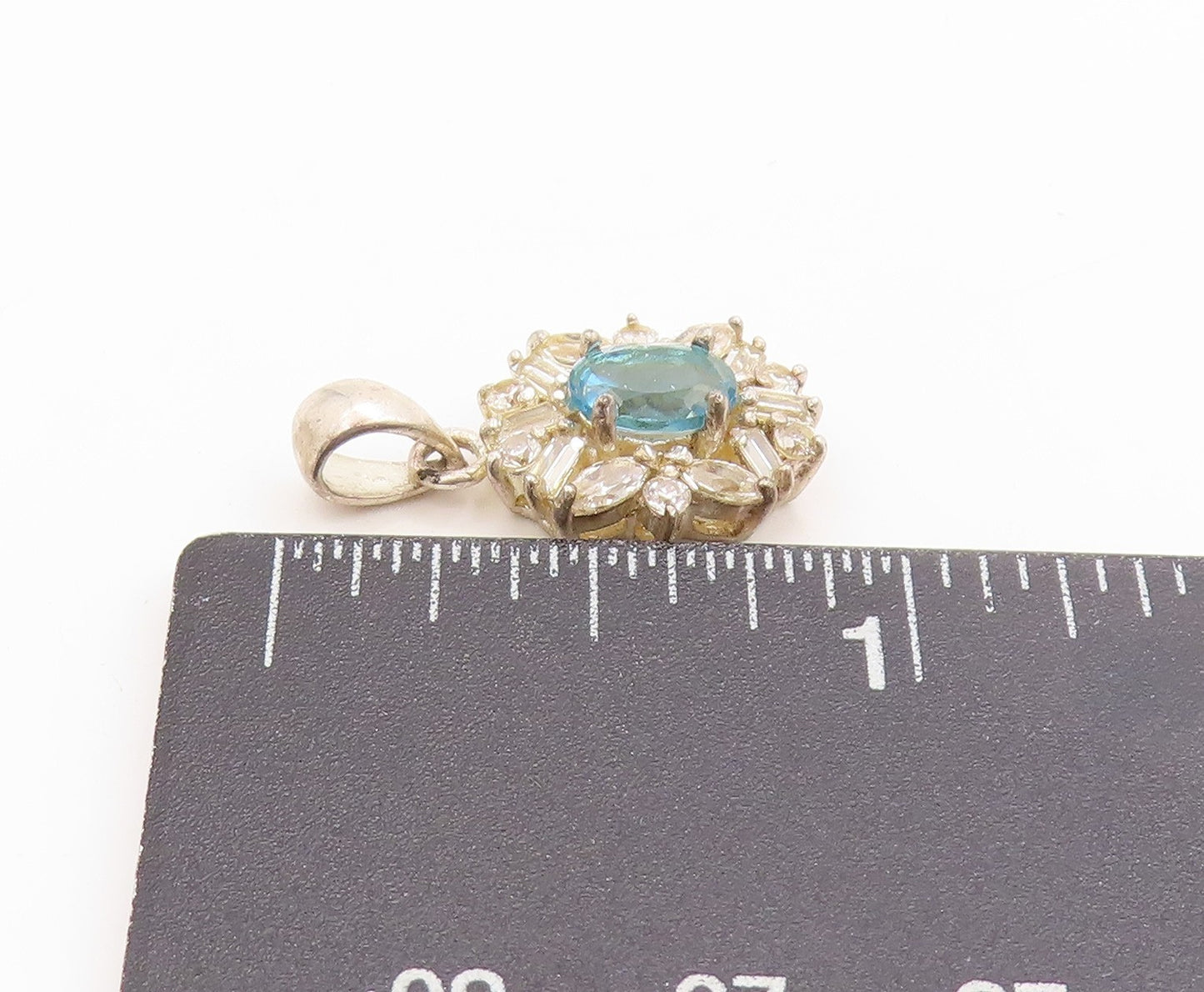 925 Sterling Silver Vintage Pendant Blue Topaz & CZ Floral Design Charm PT25139