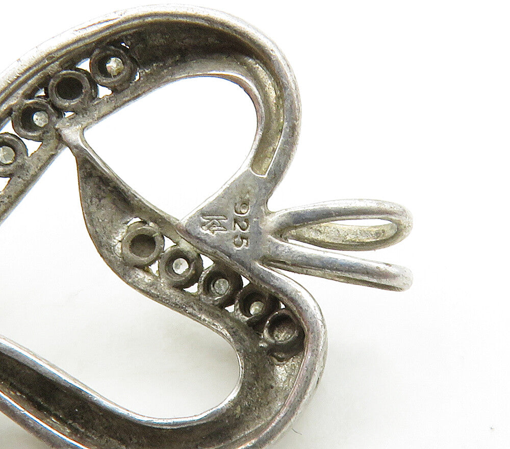 925 Sterling Silver Vintage Genuine Diamonds Open Love Heart Pendant PT12948