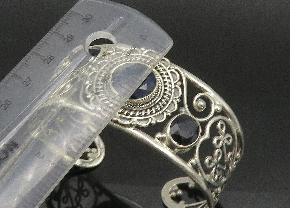 925 Sterling Silver Vintage Blue Stone Floral Vine Cuff Bracelet BT9088