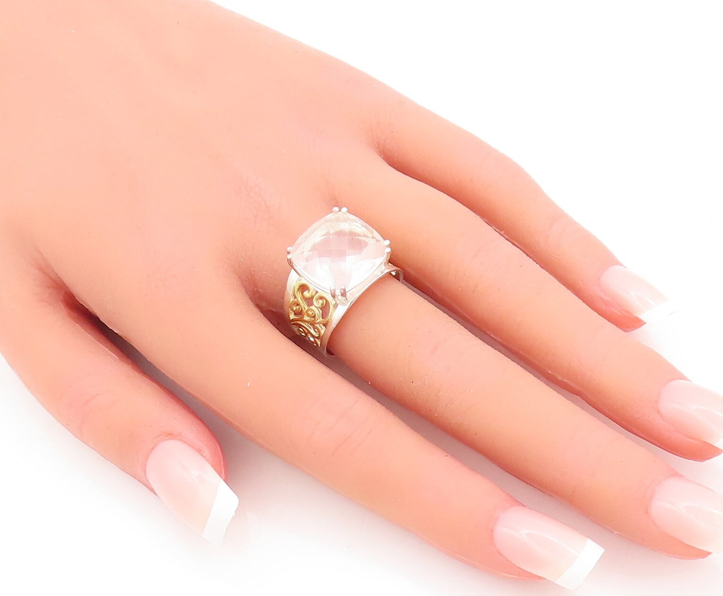 925 Sterling Silver Vintage Ring Gold Plated Swirly Cut Rose Quartz Sz 7 RG29226