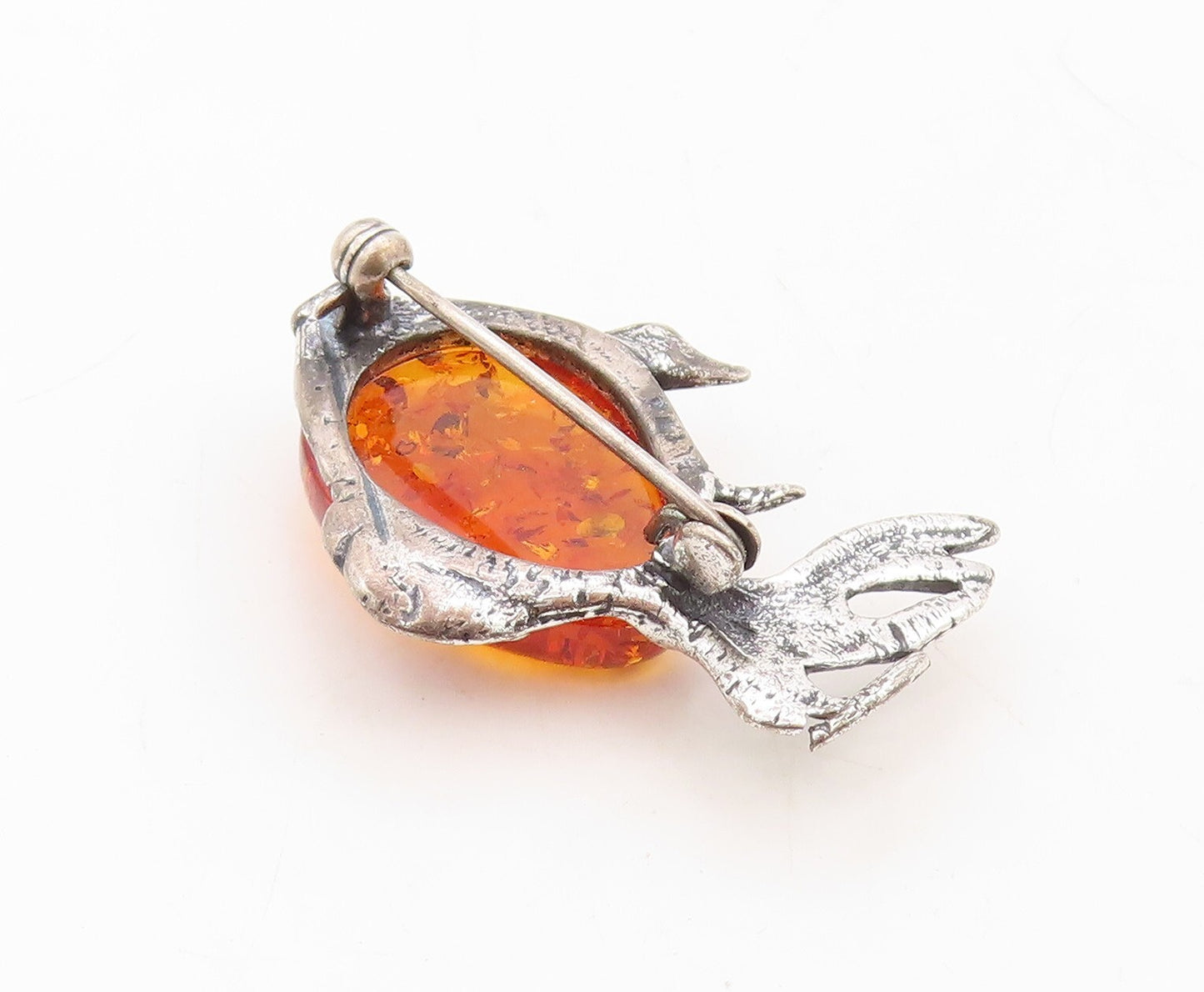 925 Sterling Silver Vintage Brooch Pin Designer Honey Amber Fish BP11269