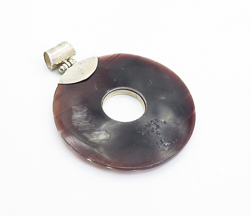 925 Sterling Silver Brown Agate Striped Open Circle Drop Pendant PT6093