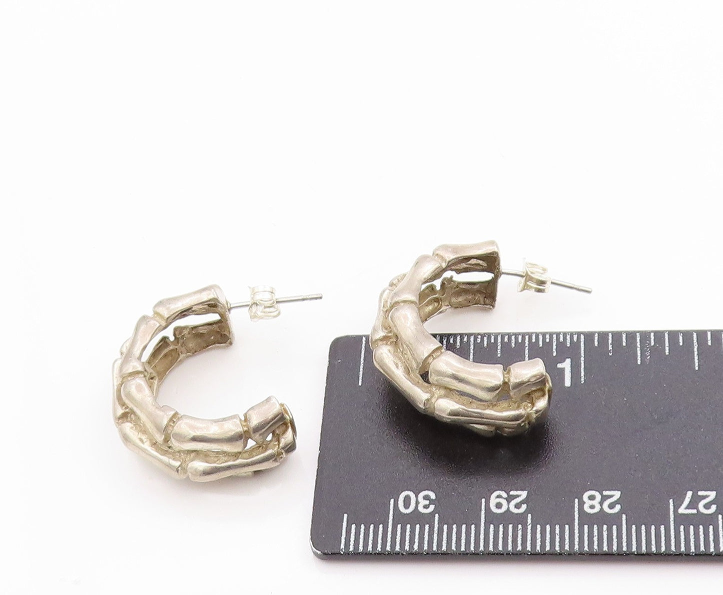 925 Sterling Silver Vintage Earrings Solid Textured Bamboo Design Hoops EG13685