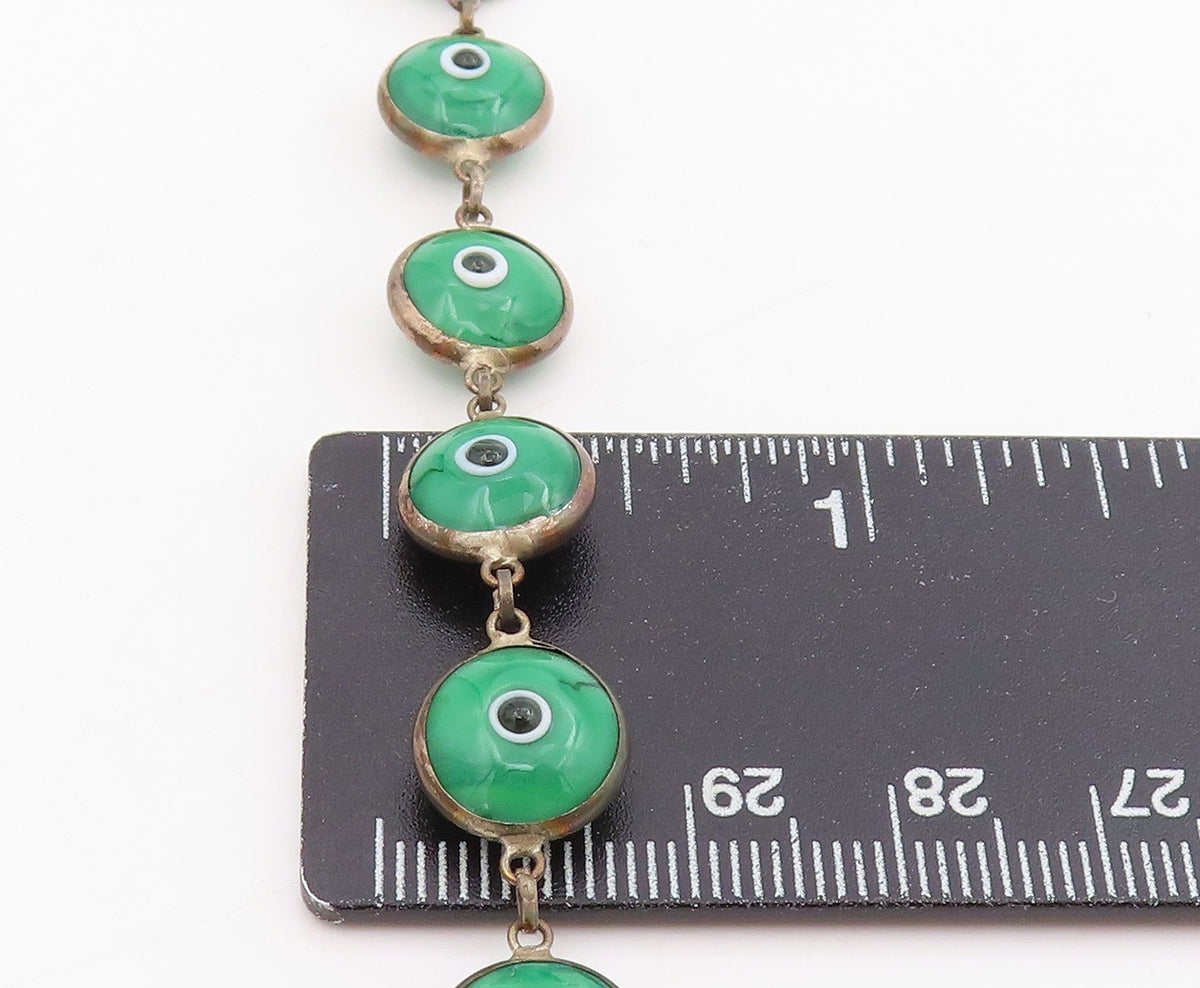 925 Sterling Silver Vintage Bracelet Green Evil Eye Design Link Chain BT11556
