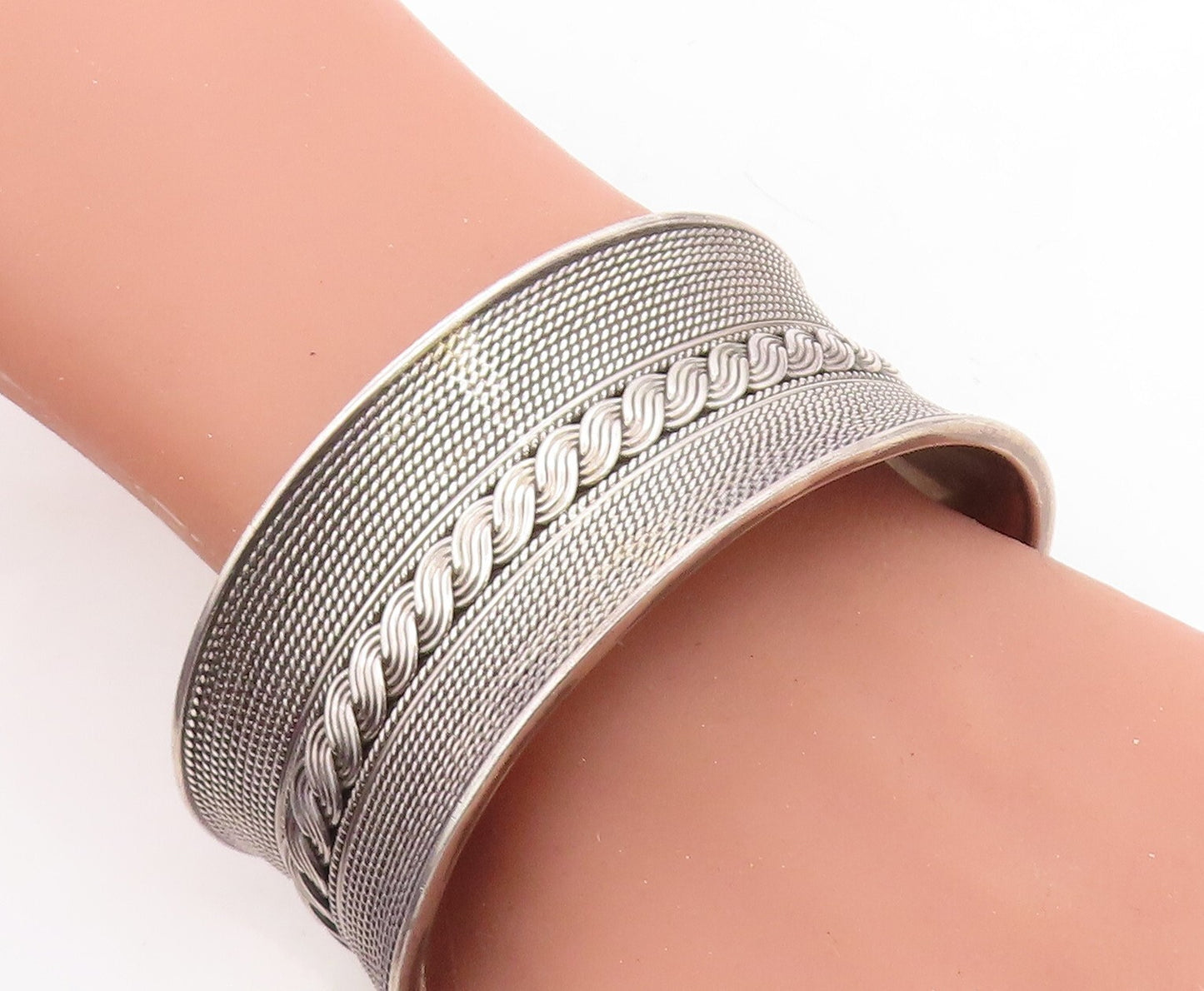 925 Sterling Silver Vintage Shiny Swirl Twist Concave Cuff Bracelet BT2656