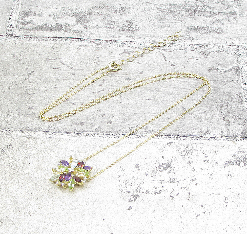 Gold Over 925 Silver Multi Gemstones & Genuine Diamond Pendant & Chain PT1335