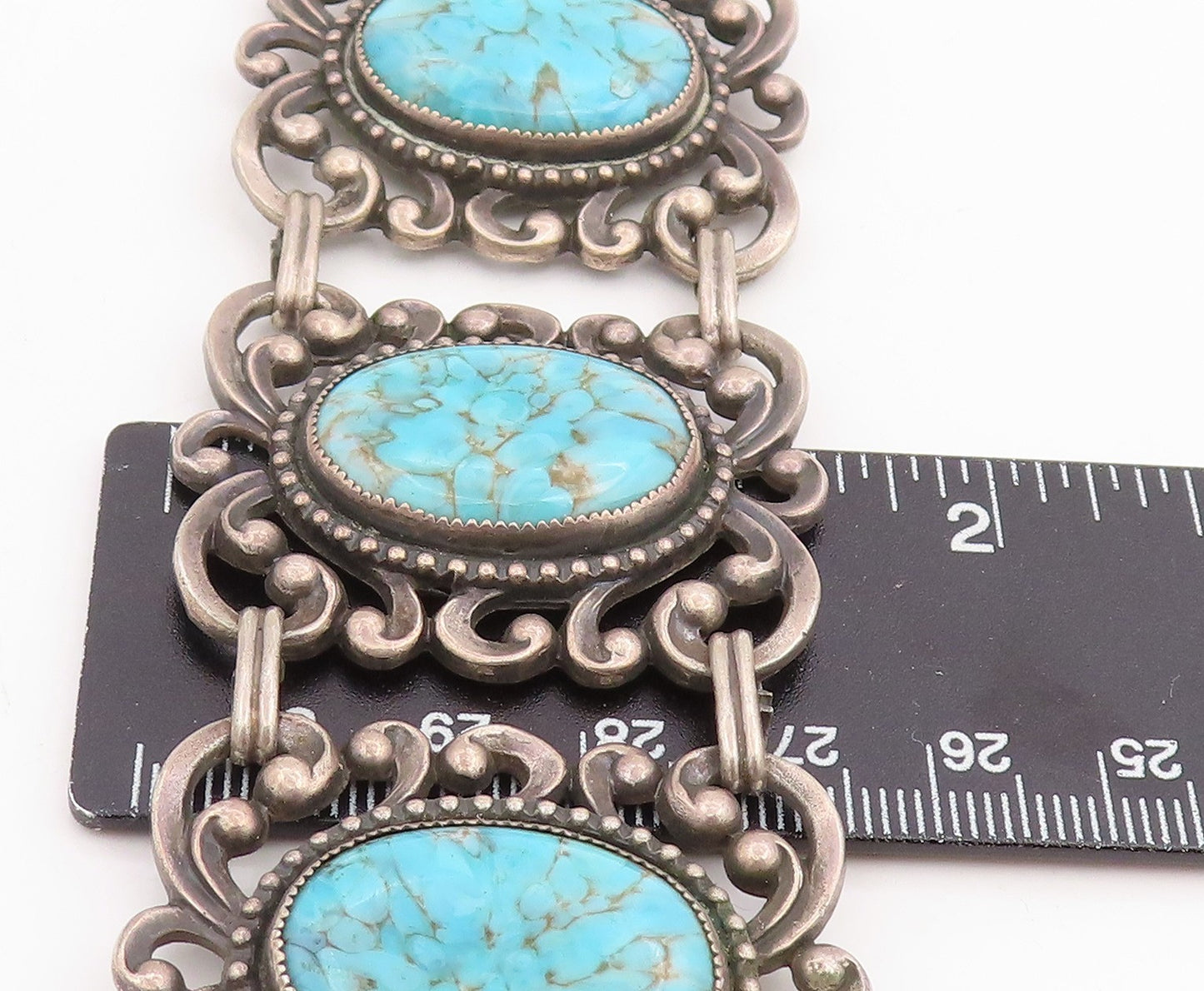 925 Sterling Silver Vintage Bracelet DANECRAFT Oval Turquoise Wide Link BT11859
