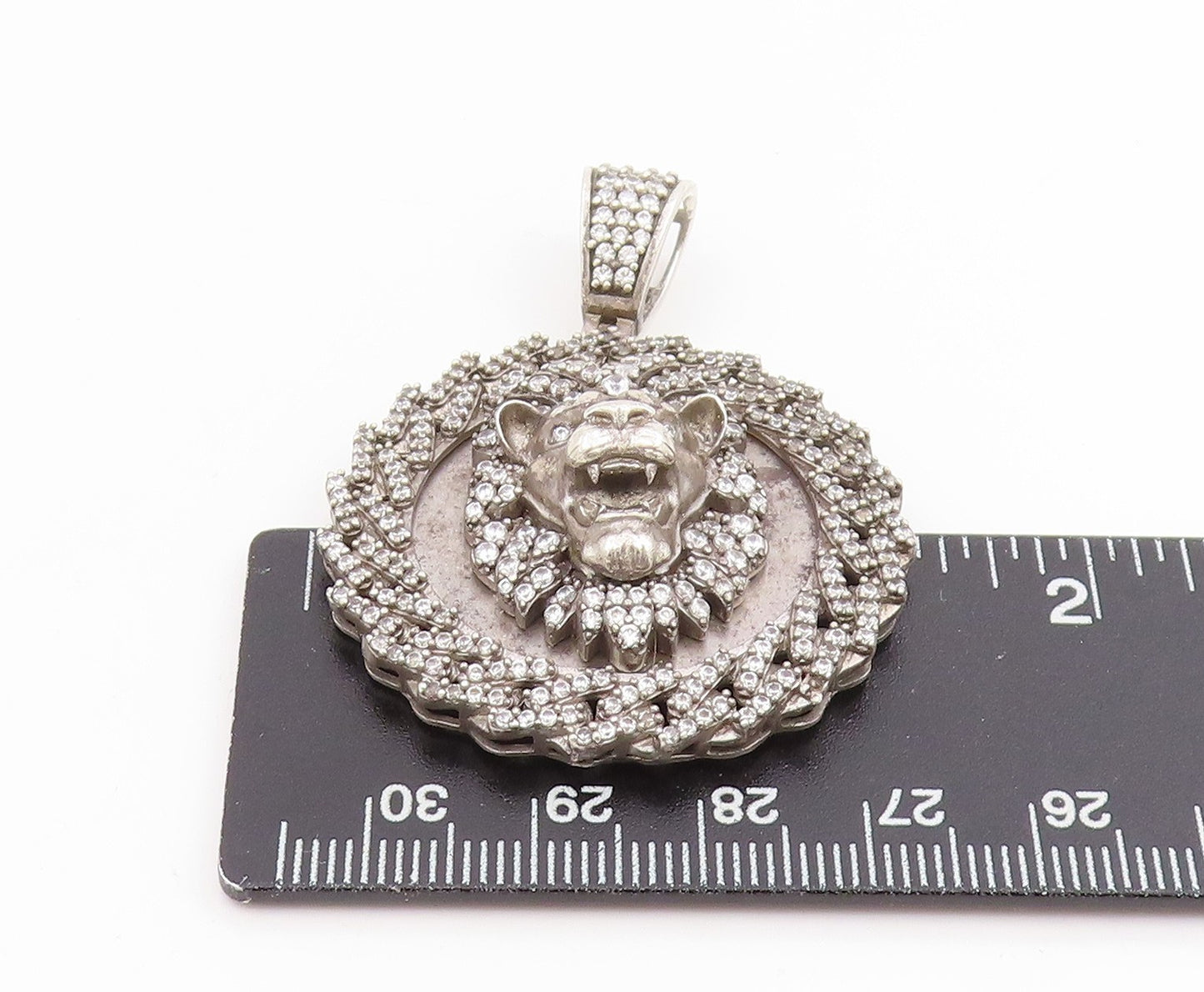 925 Sterling Silver Vintage Pendant CZ Roaring Lion Head Medallion PT25638