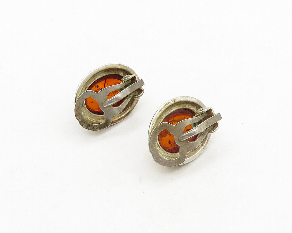 POLAND 925 Silver Vintage Cabochon Cut Amber Non Pierce Earrings EG9739