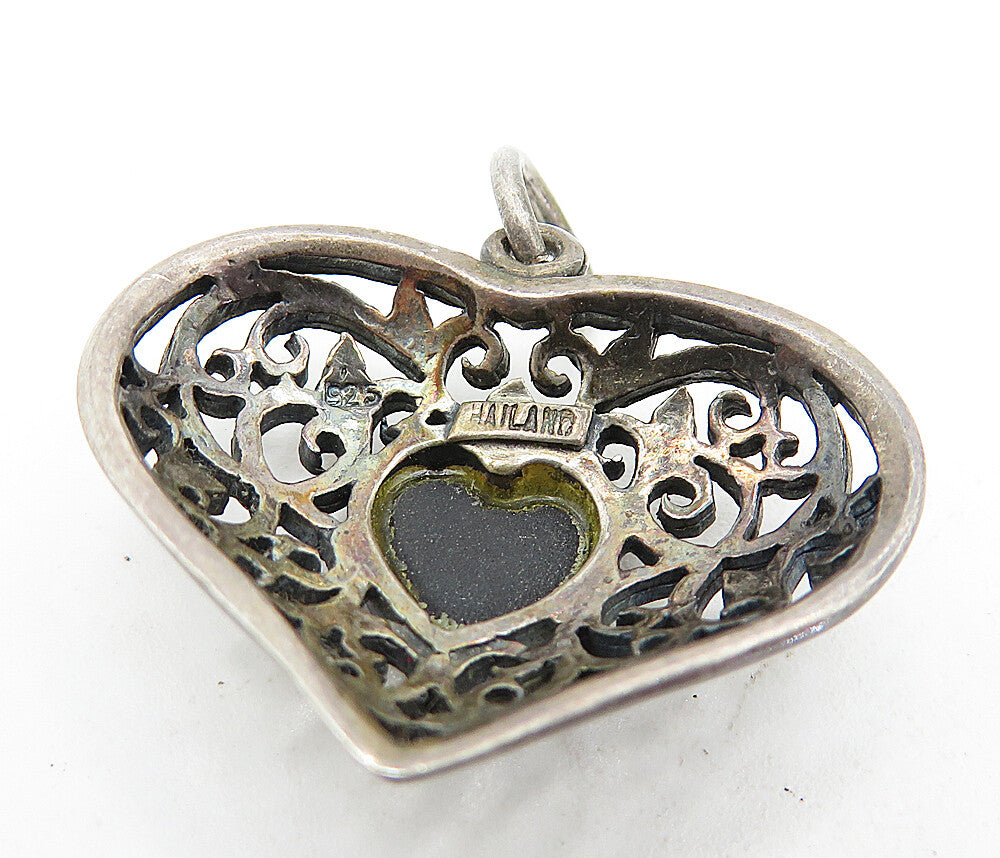925 Sterling Silver Vintage Inlaid Black Onyx Swirl Love Heart Pendant PT3553