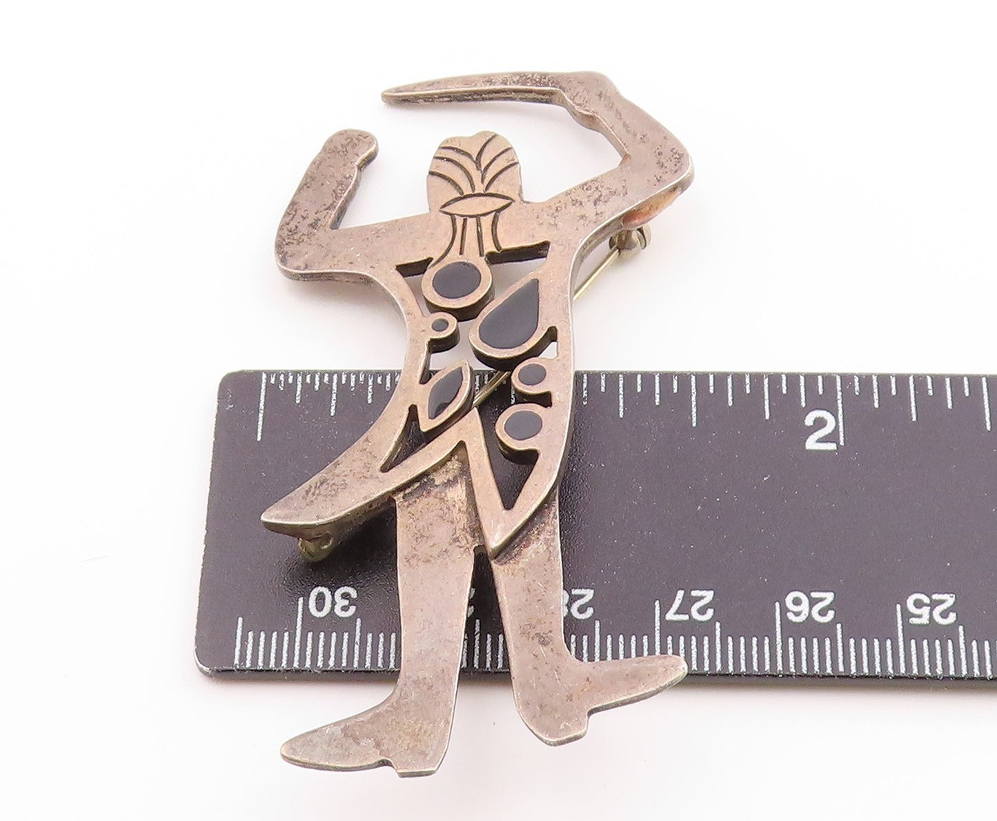 MEXICO 925 Silver Vintage Black Onyx Cut Out Tribal Man Brooch Pin BP9531
