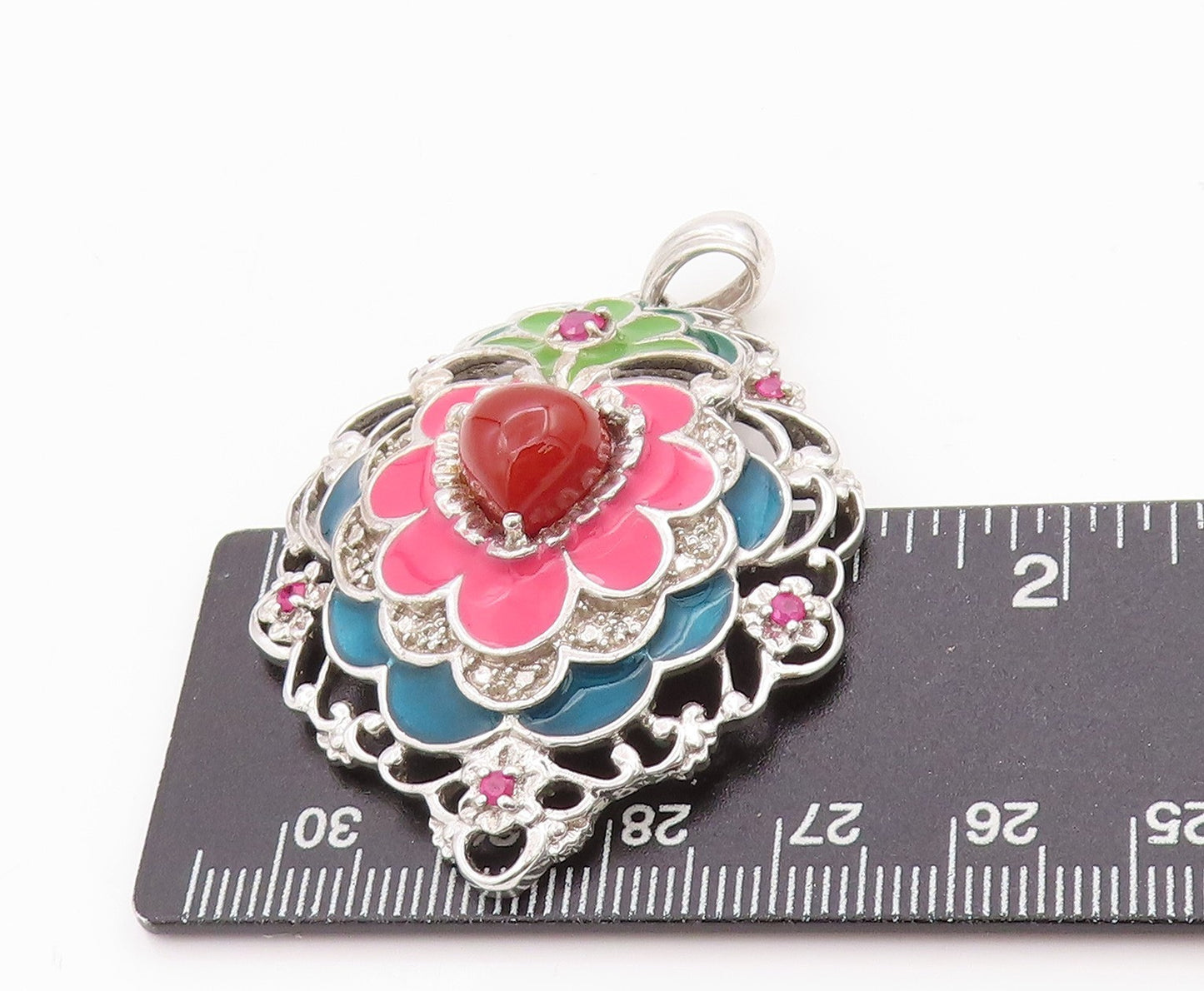 925 Sterling Silver Vintage Pendant CZ & Enameled Floral Gemstone Heart PT24362
