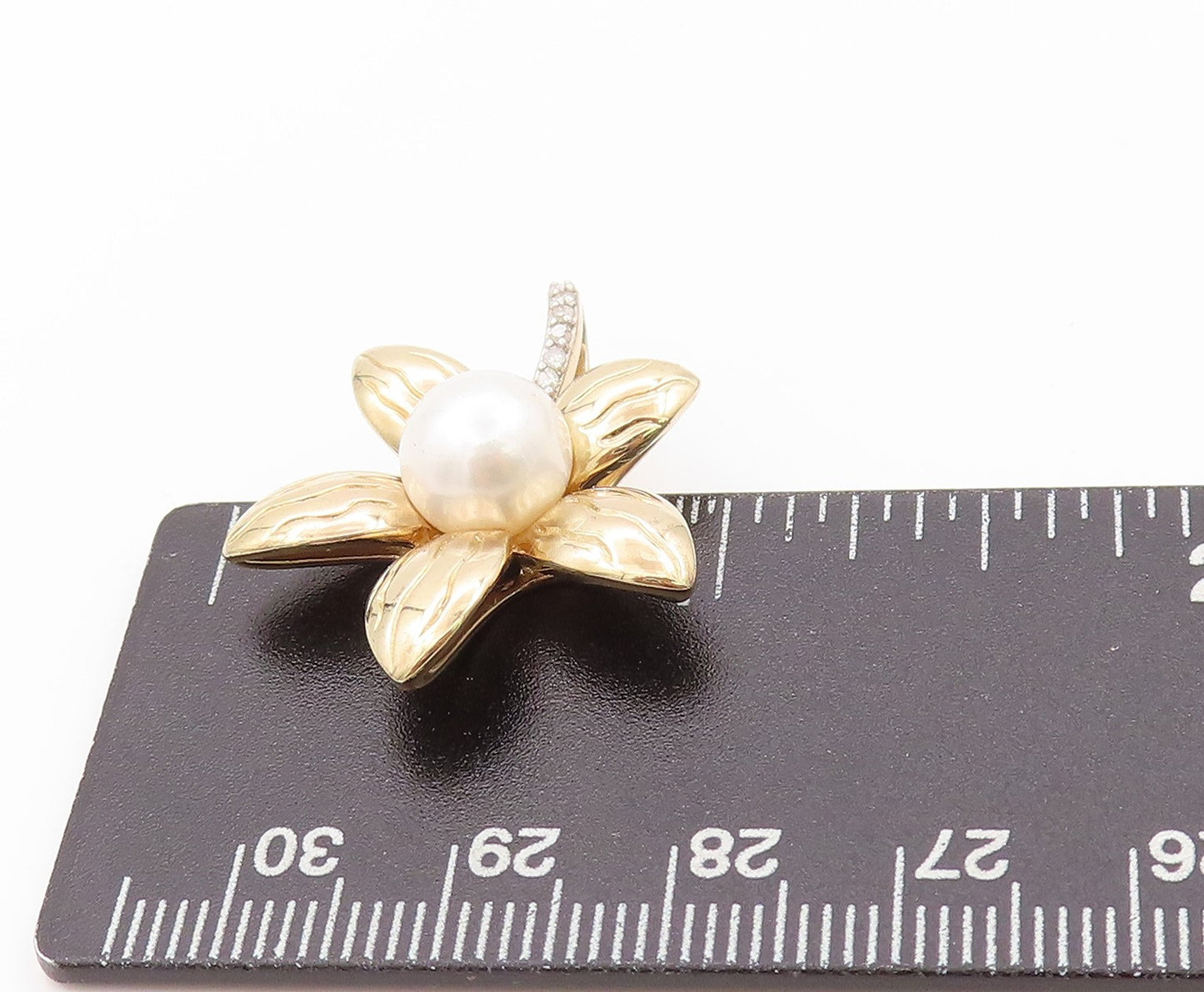 925 Sterling Silver Vintage Pendant Gold Plated Diamonds & Pearl Flower PT24089