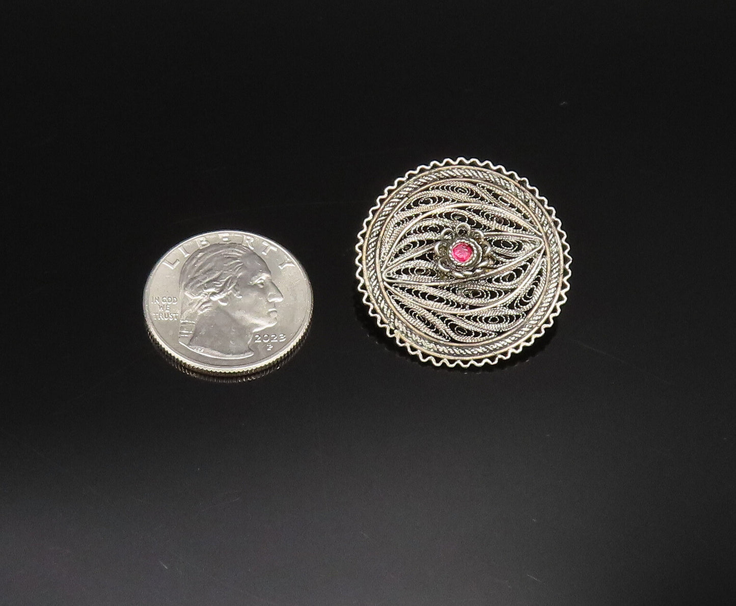 ISRAEL 925 Silver Vintage Filigree Floral Tourmaline Brooch Pin BP9883
