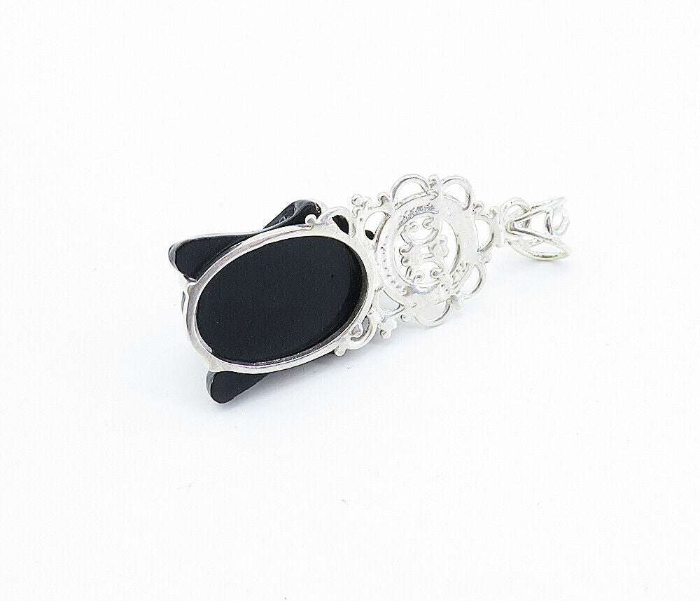 925 Sterling Silver Face Carved Obsidian Shiny Swirl Bail Pendant PT5915