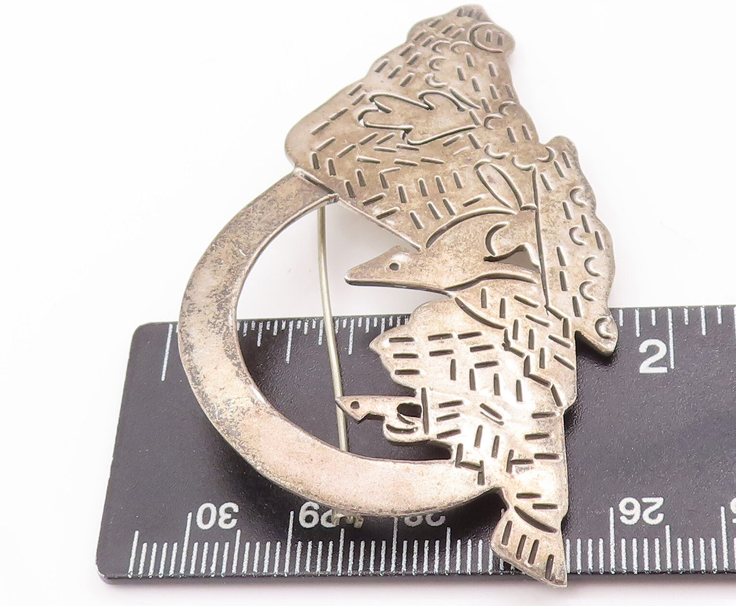 925 Sterling Silver Vintage Brooch Pin MEXICO Carved Howling Wolves BP10956