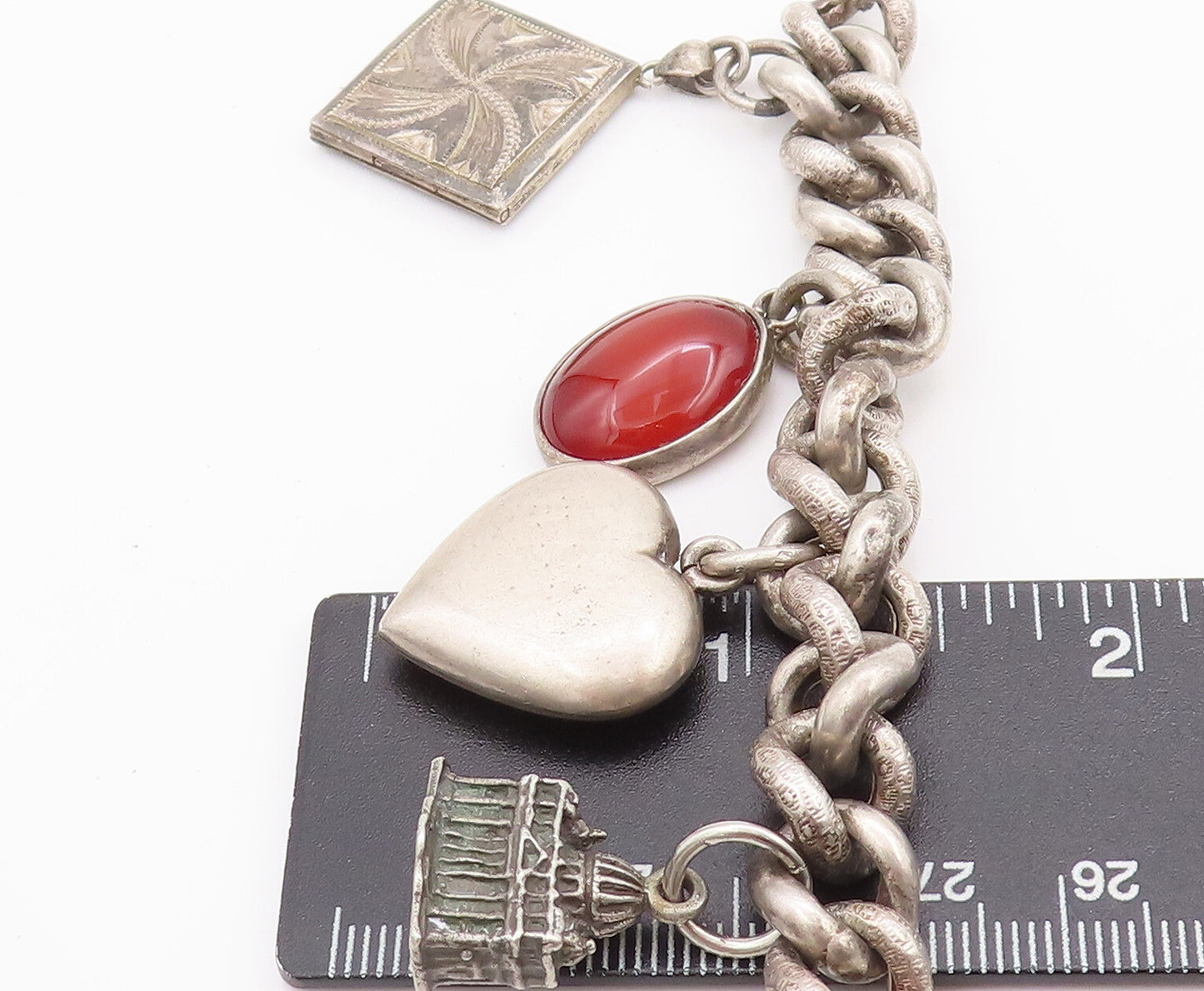 925 Sterling Silver Vintage Bracelet Carnelian & Carved Dangling Charms BT10210