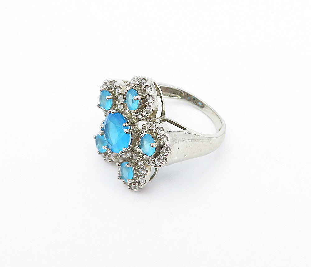 925 Sterling Silver Blue & White Topaz Floral Cocktail Ring Sz 8 RG4113