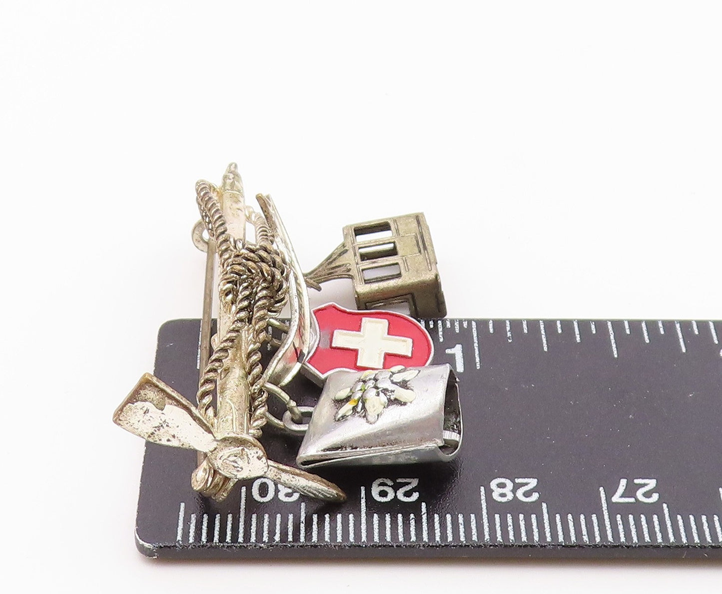 925 Silver Vintage Rope Wrapped Pick Axe & Enamel Charms Brooch Pin BP10100