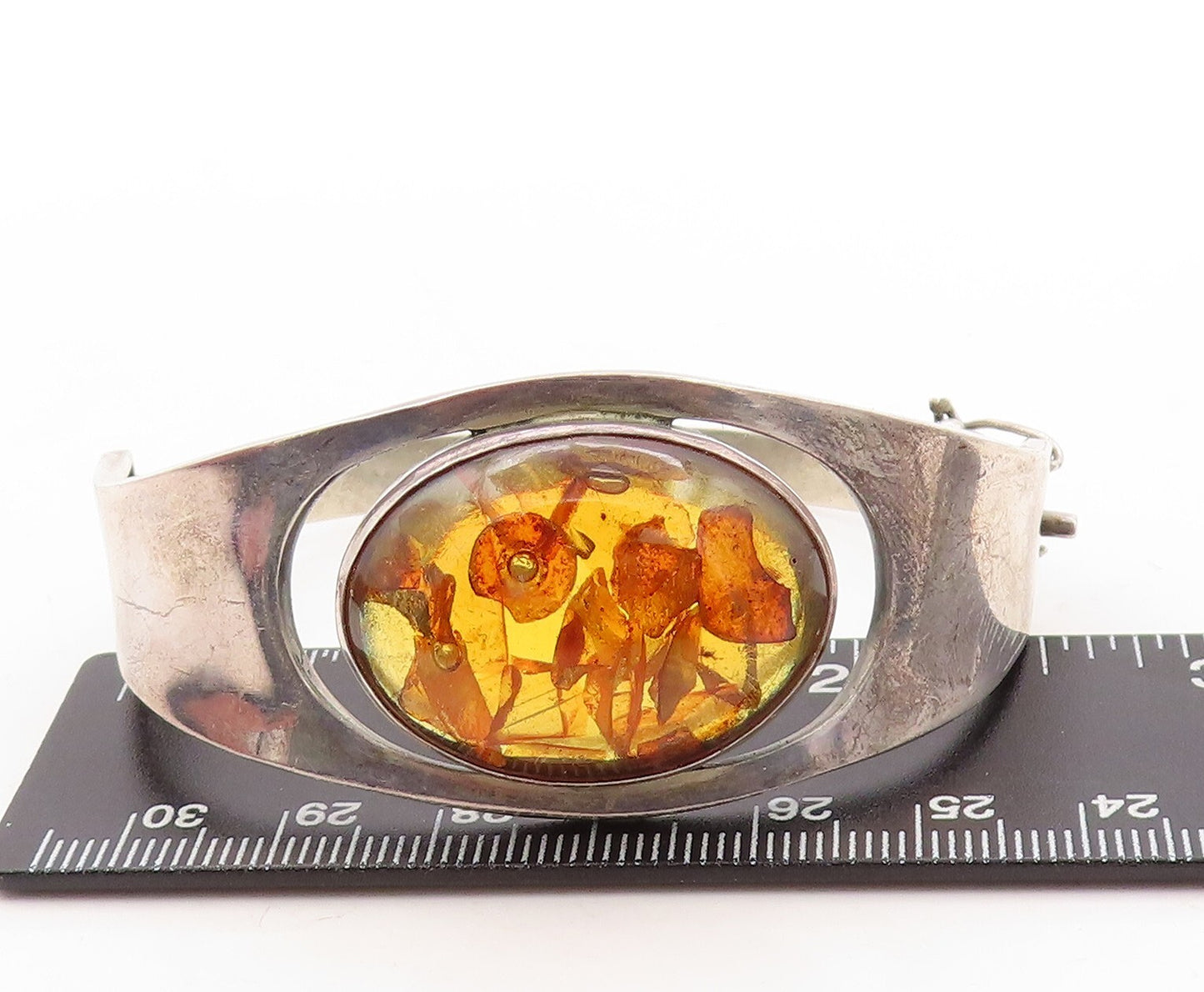 925 Sterling Silver Vintage Bracelet Designer Oval Honey Amber Bangle BT10910