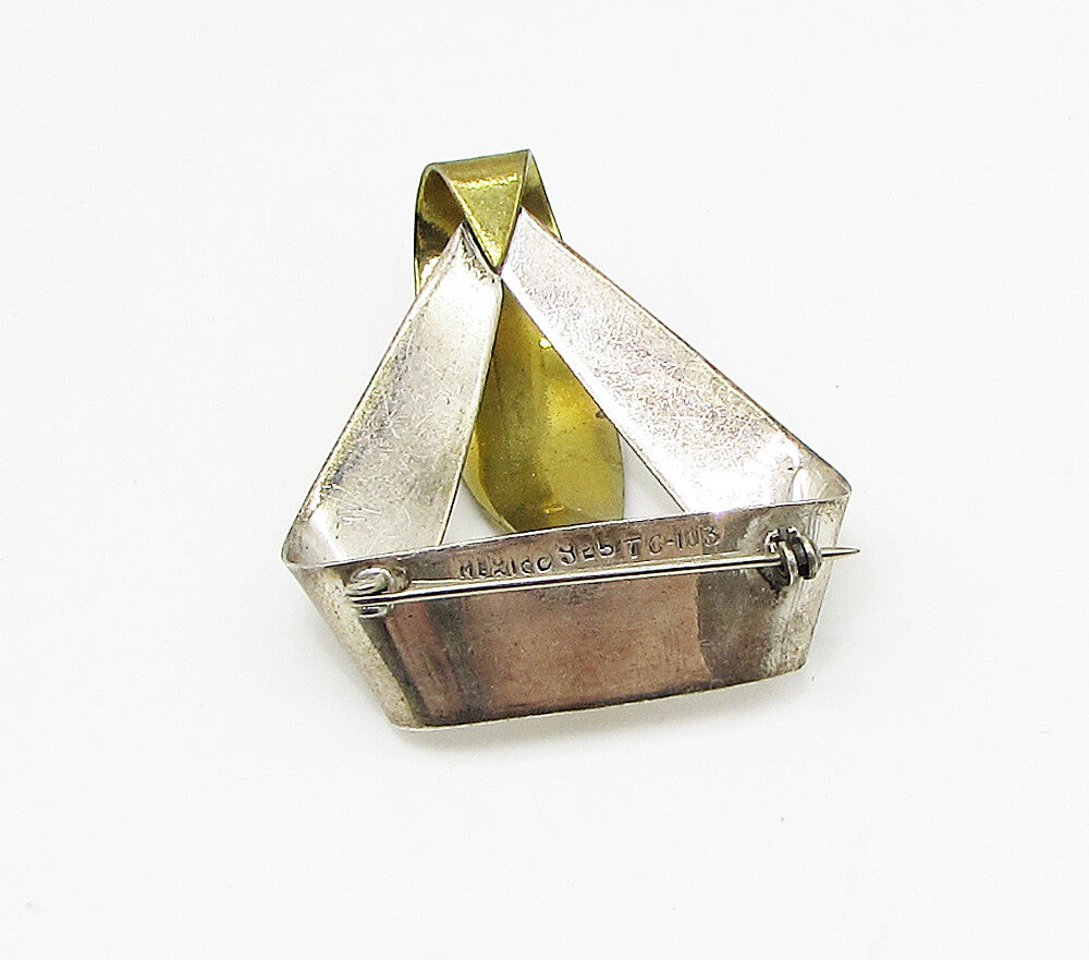 MEXICO 925 Silver Vintage 2 Tone Triangular Brooch Pin BP1076