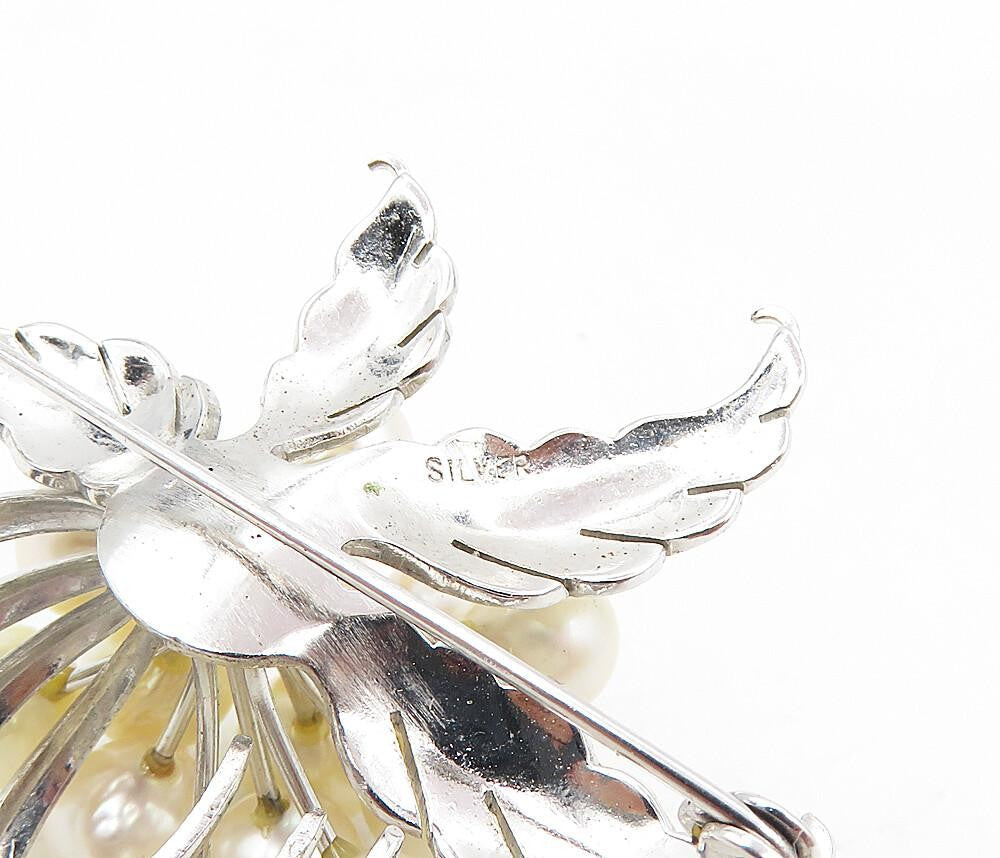 925 Sterling Silver Vintage Pearls Floral Leaf Swirl Shiny Brooch Pin BP3366