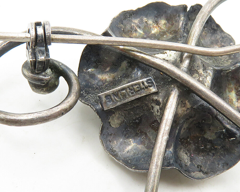 925 Sterling Silver Vintage Dark Tone Sculpted Flower Brooch Pin BP7385
