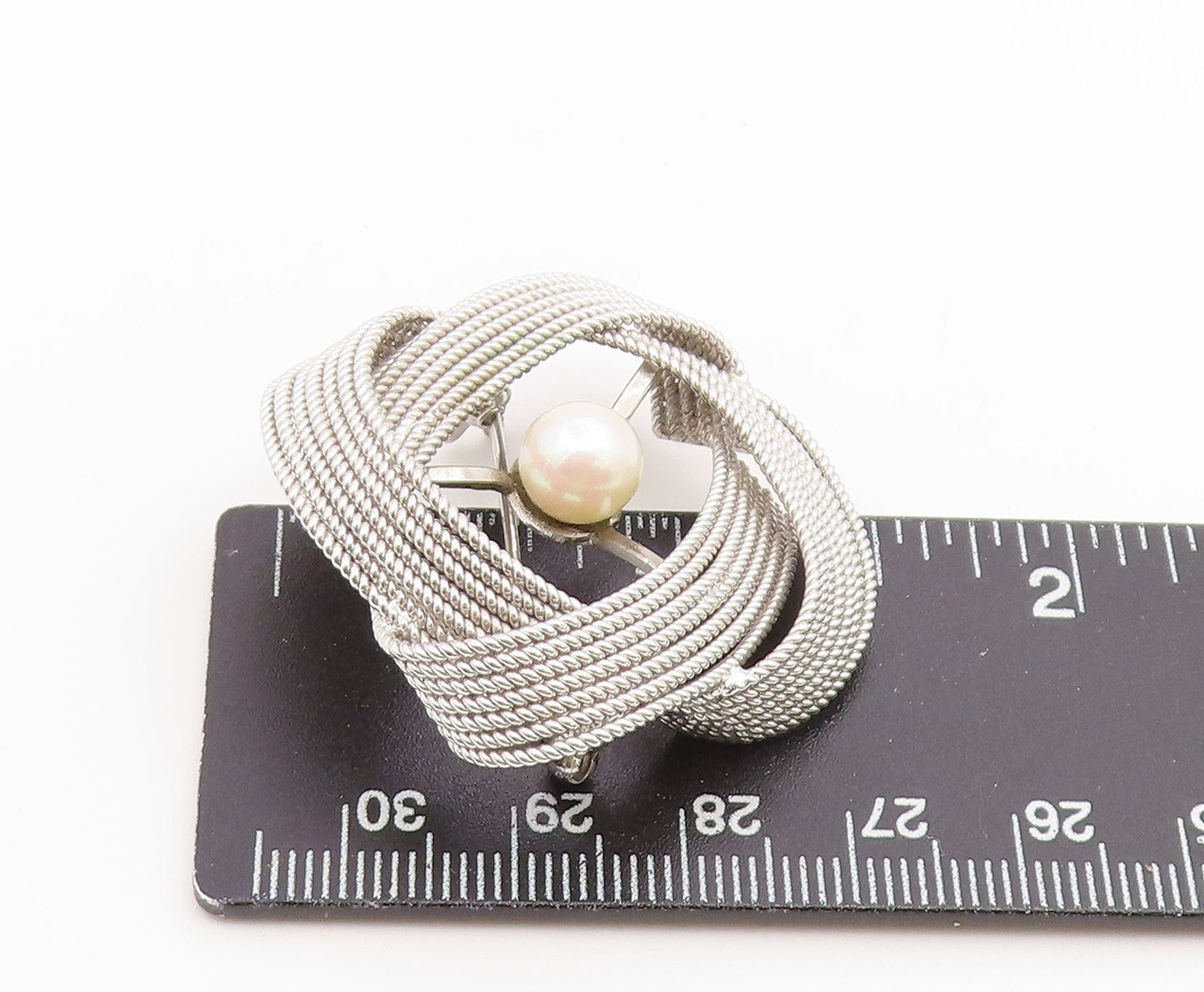 925 Sterling Silver Vintage Brooch Pin Pearl Textured Mesh Wire Swirl BP12648