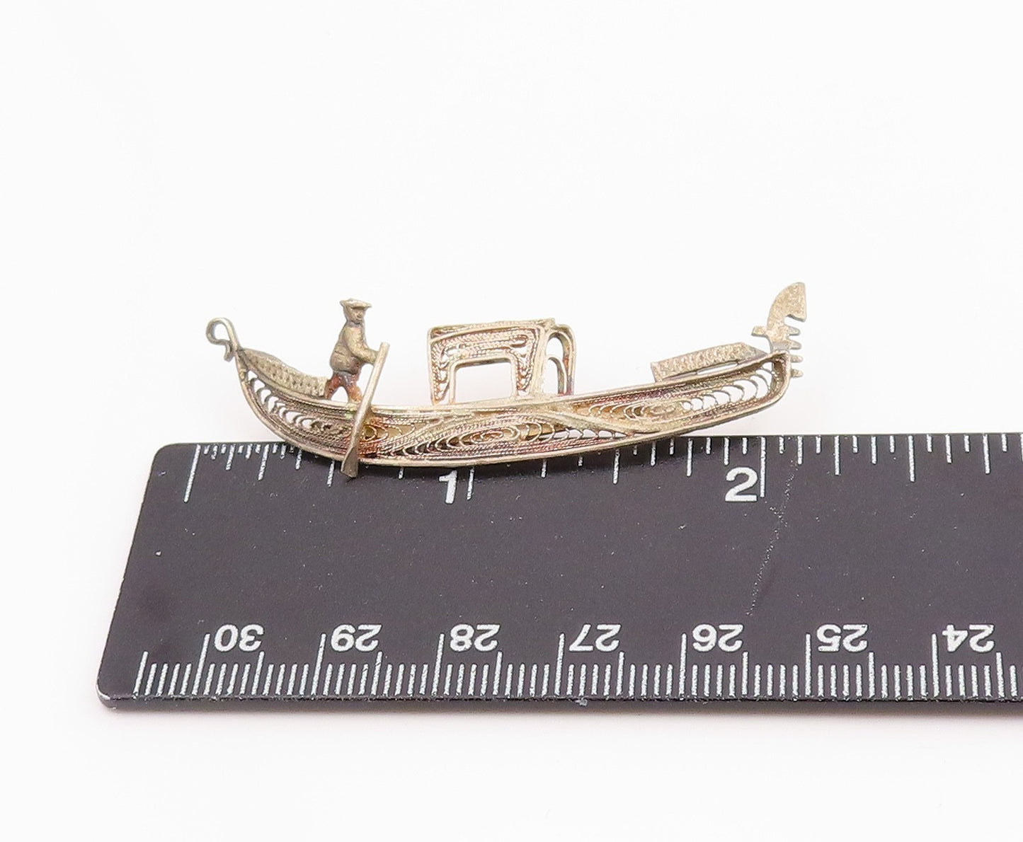 925 Sterling Silver Vintage Brooch Pin Filigree Miniature Gondola Boat BP12450