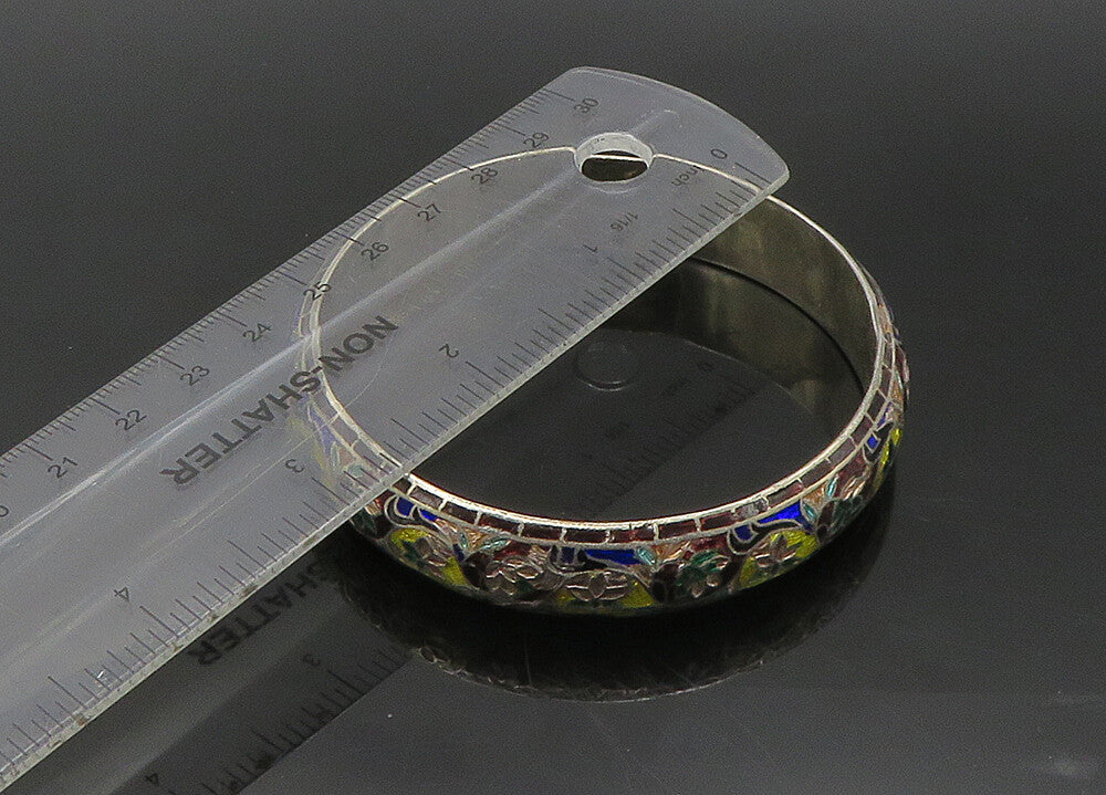 925 Sterling Silver Vintage Enamel Floral Vine Art Bangle Bracelet BT8962