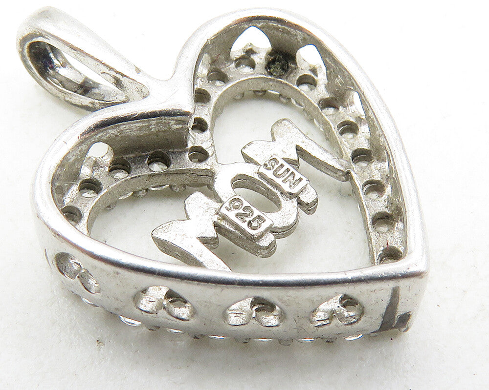 925 Sterling Silver Petite Shiny White Topaz Mom Love Heart Pendant PT7931
