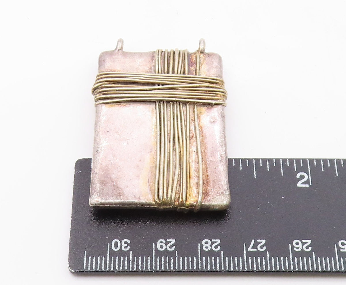 925 Sterling Silver Vintage Wire Wrapped Detail Square Pendant PT10056