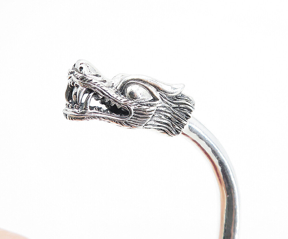 925 Sterling Silver Vintage Shiny Sculpted Dragon Head Cuff Bracelet BT2904