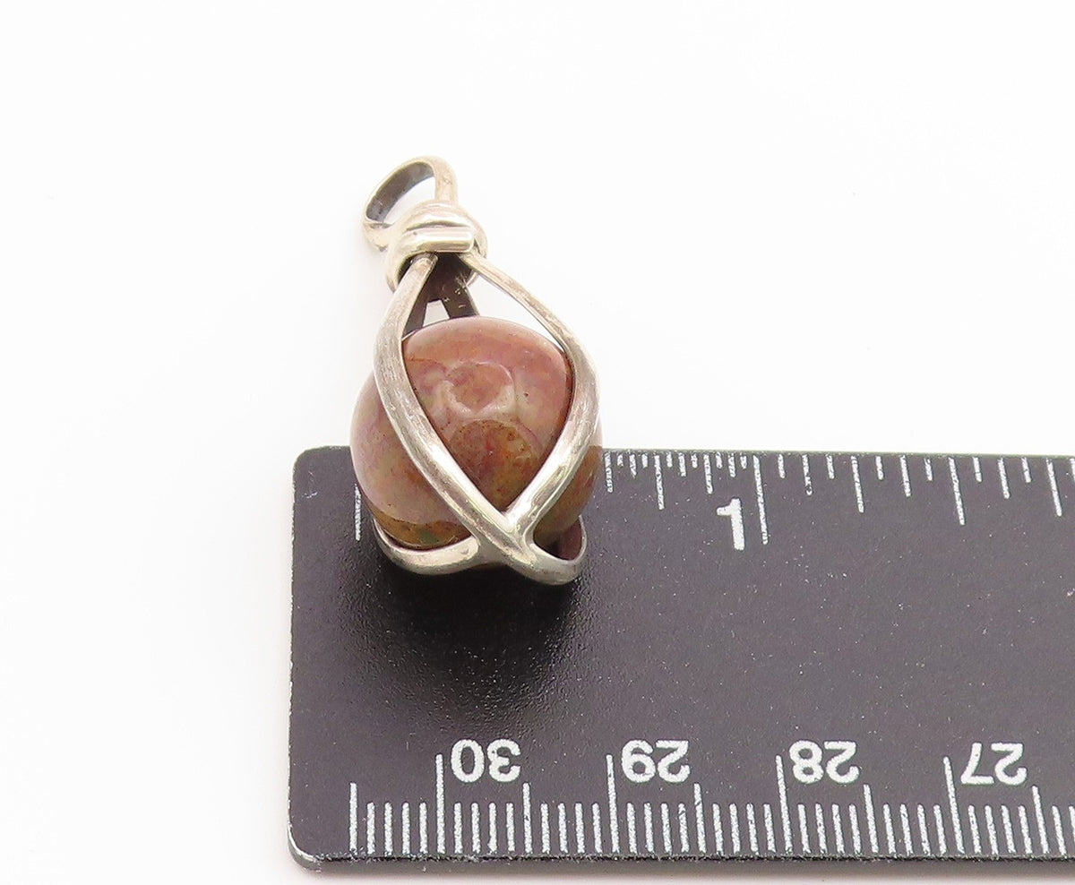925 Sterling Silver Vintage Pendant Modernist Jasper Orb Teardrop Cage PT26631
