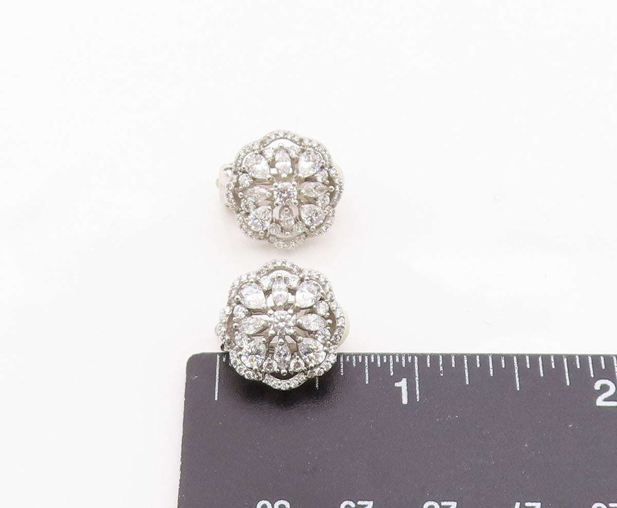 925 Sterling Silver Vintage Earrings Elegant CZ Floral Petal Clip On EG14338