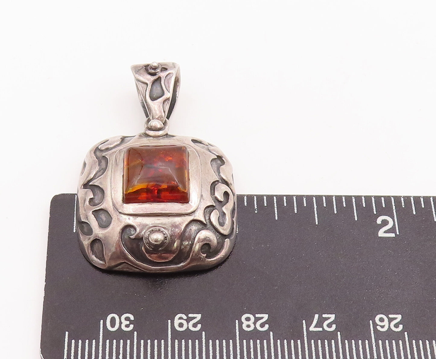 925 Sterling Silver Vintage Pendant SILPADA Swirly Carved Square Amber PT22834