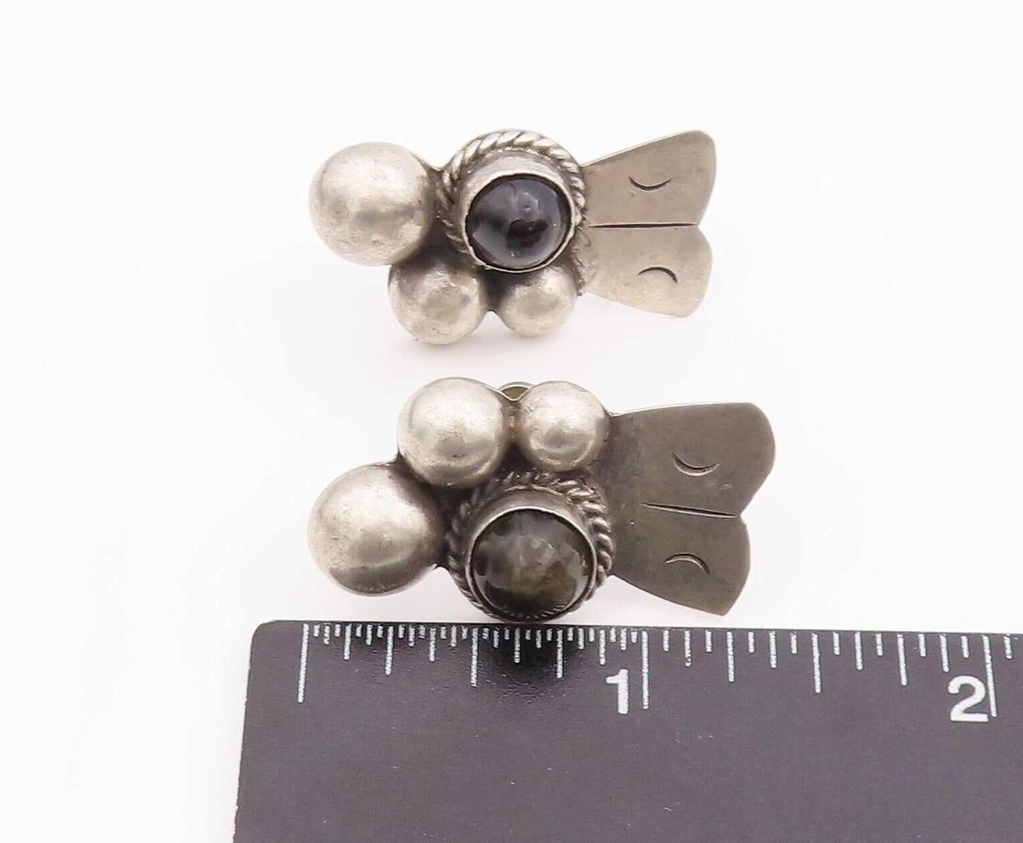 925 Sterling Silver Vintage Earrings MEXICO Antique Beaded Onyx EG13071