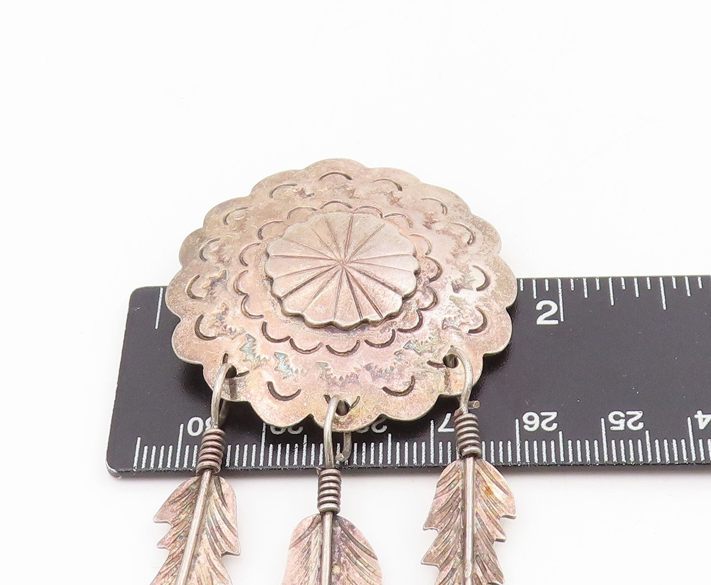 925 Sterling Silver Vintage Brooch Etched Concho Dangling Feather Pin BP12116