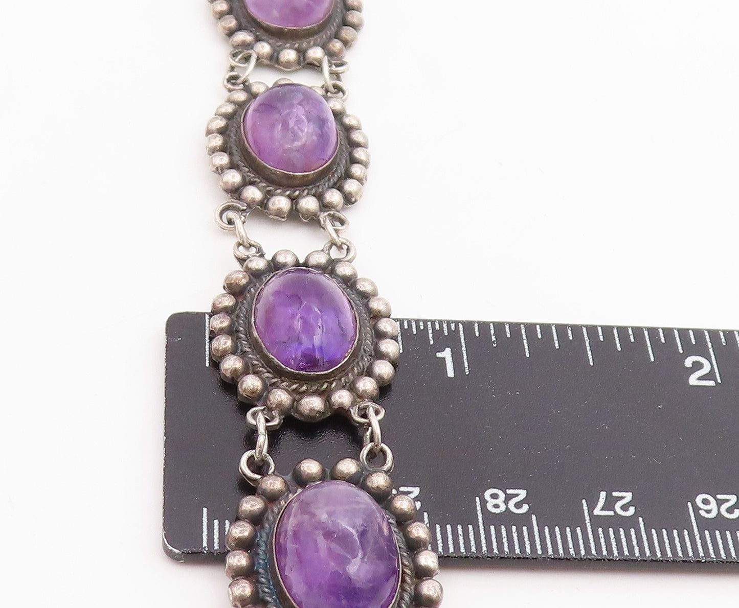 925 Sterling Silver Vintage Bracelet Cabochon Amethyst Beaded Link BT11845