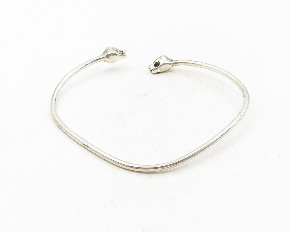 925 Sterling Silver Vintage Jaguar's Head Ends Shiny Cuff Bracelet BT4212