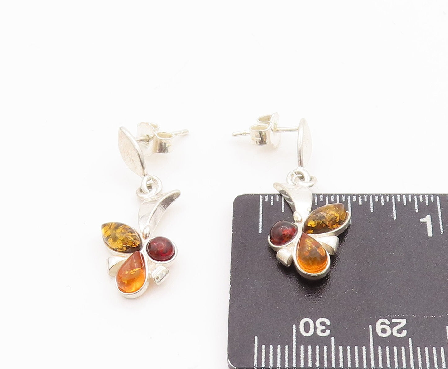 925 Sterling Silver Vintage Earrings Cabochon Honey Amber Flying Bee EG13102