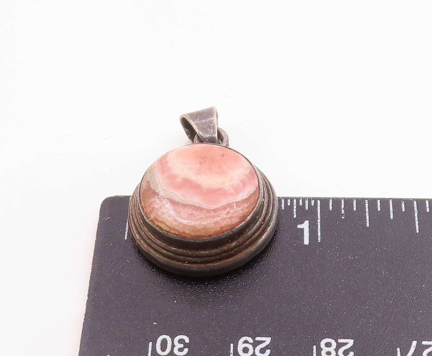 925 Sterling Silver Vintage Cabochon Cut Rhodochrosite Round Pendant PT17926