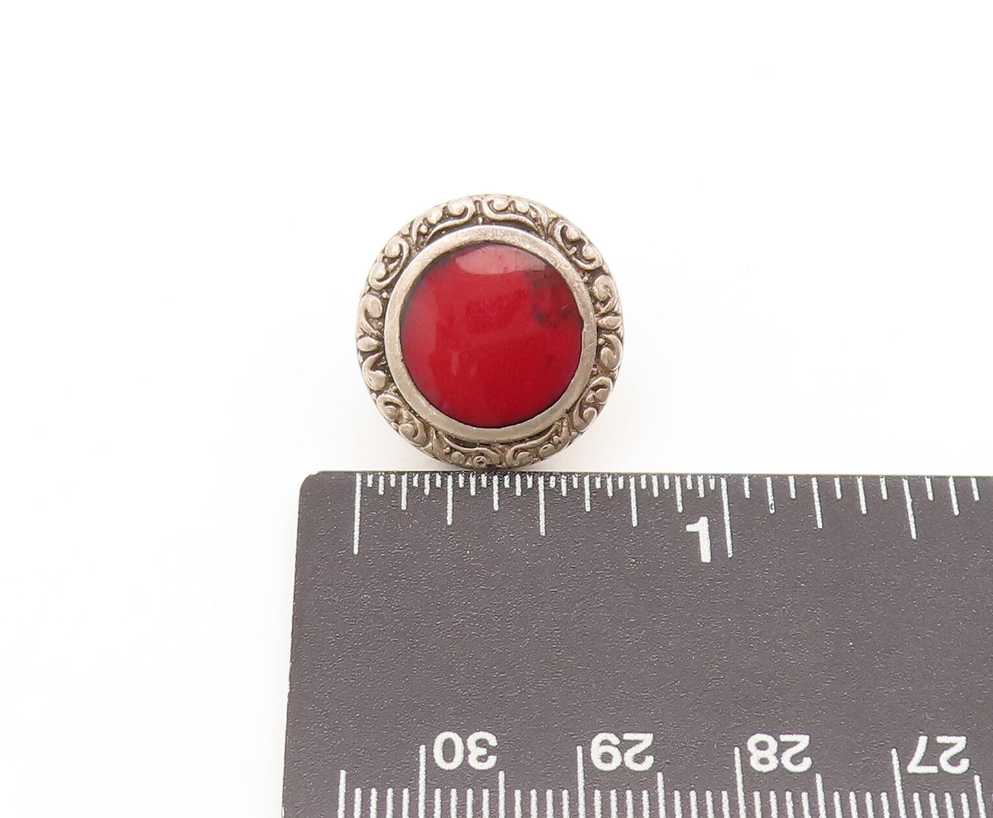 MEXICO 925 Silver Vintage Red Enameled Swirly Carved Round Earrings EG12731
