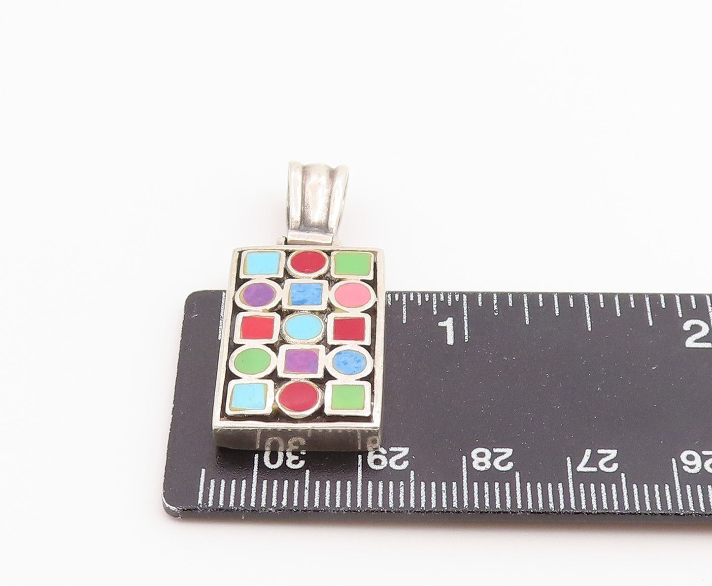 925 Sterling Silver Vintage Pendant Multi Gemstone Geometric Grid Charm PT26526