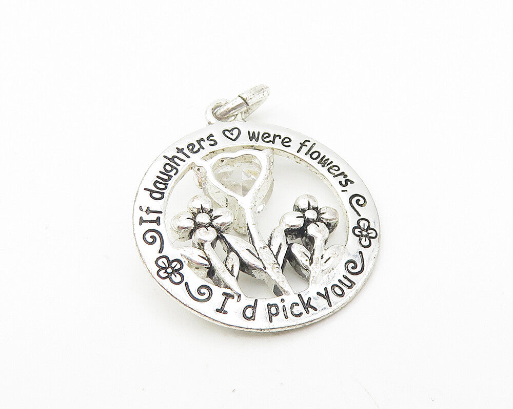 925 Sterling Silver White Topaz Daughter Love Quote Floral Pendant PT9304