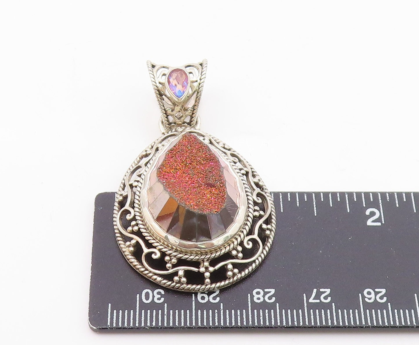 SAJEN 925 Sterling Silver Vintage Druzy Stone Swirl Vine Border Pendant PT16628